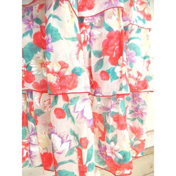 70s vintage red and ivory tropical floral gauzy sheer strapless ruffle dress - Picture 3 of 5